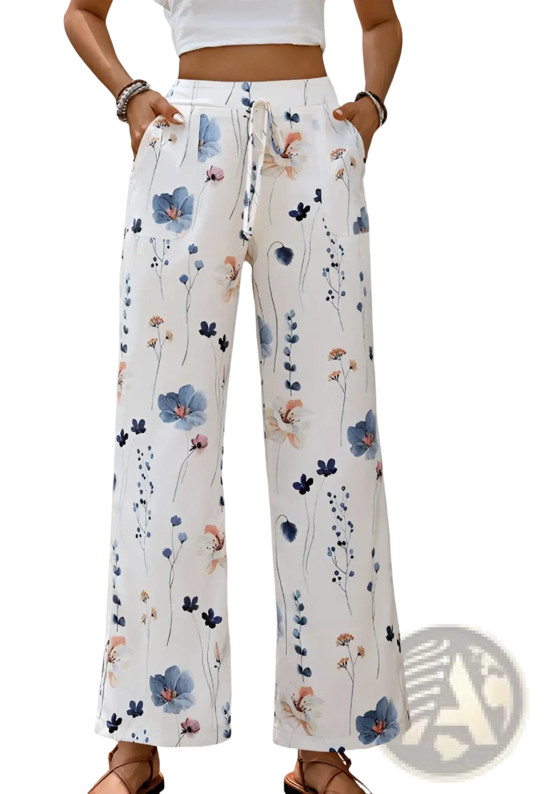 Women's Floral Print Cotton Linen Wide Leg Trousers