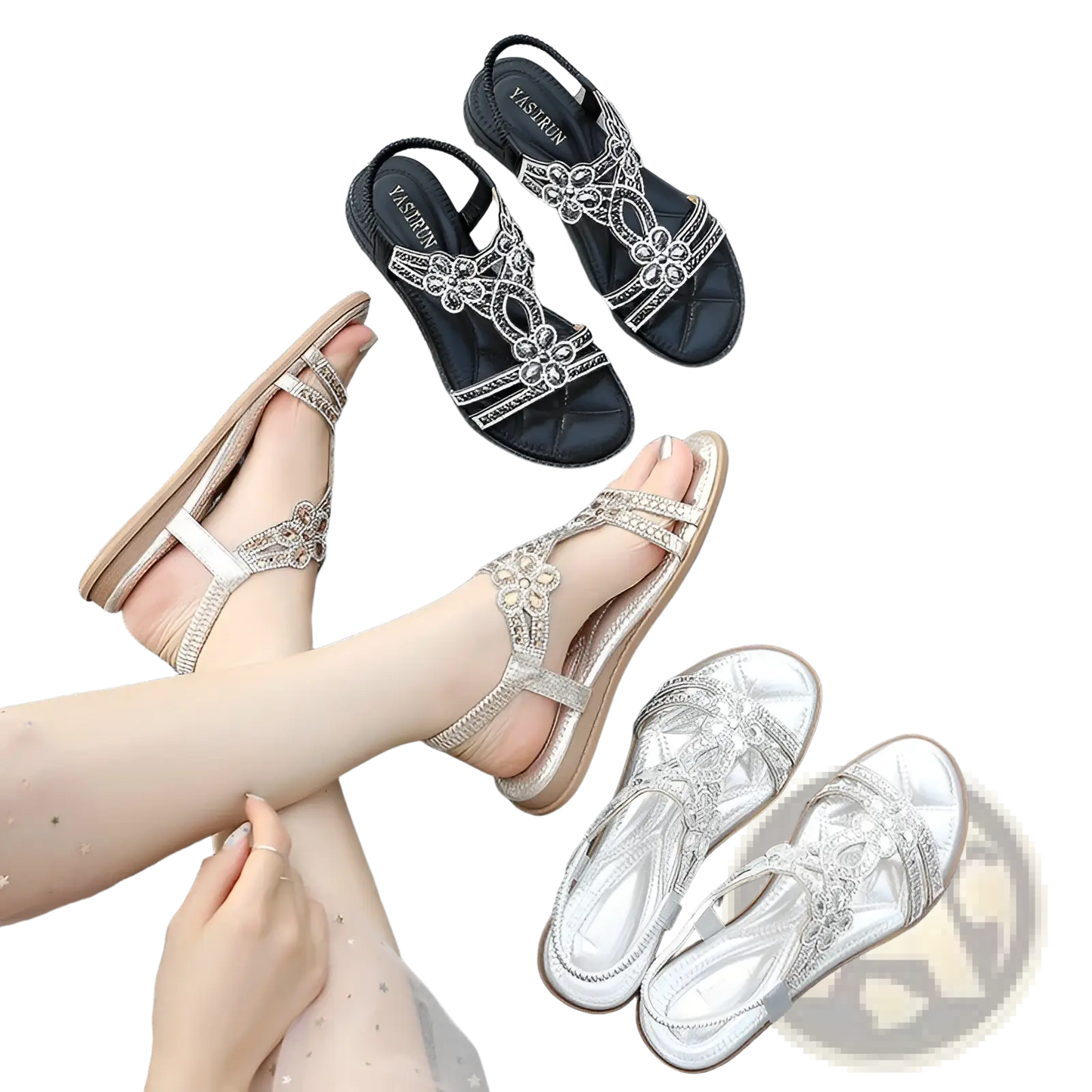Women's Floral Rhinestone Wedge Sandals Low Heel
