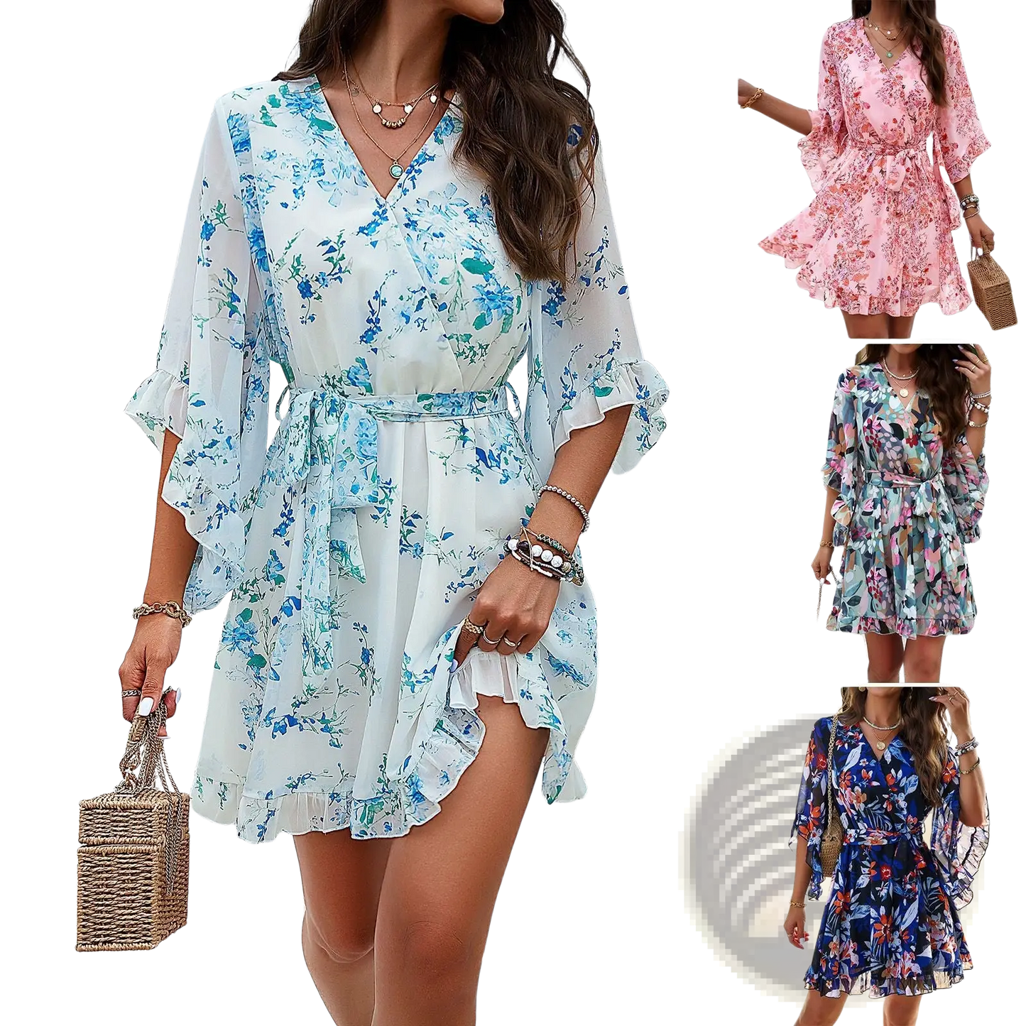 Women's Floral V-neck Ruffle Dress with Waist Tie