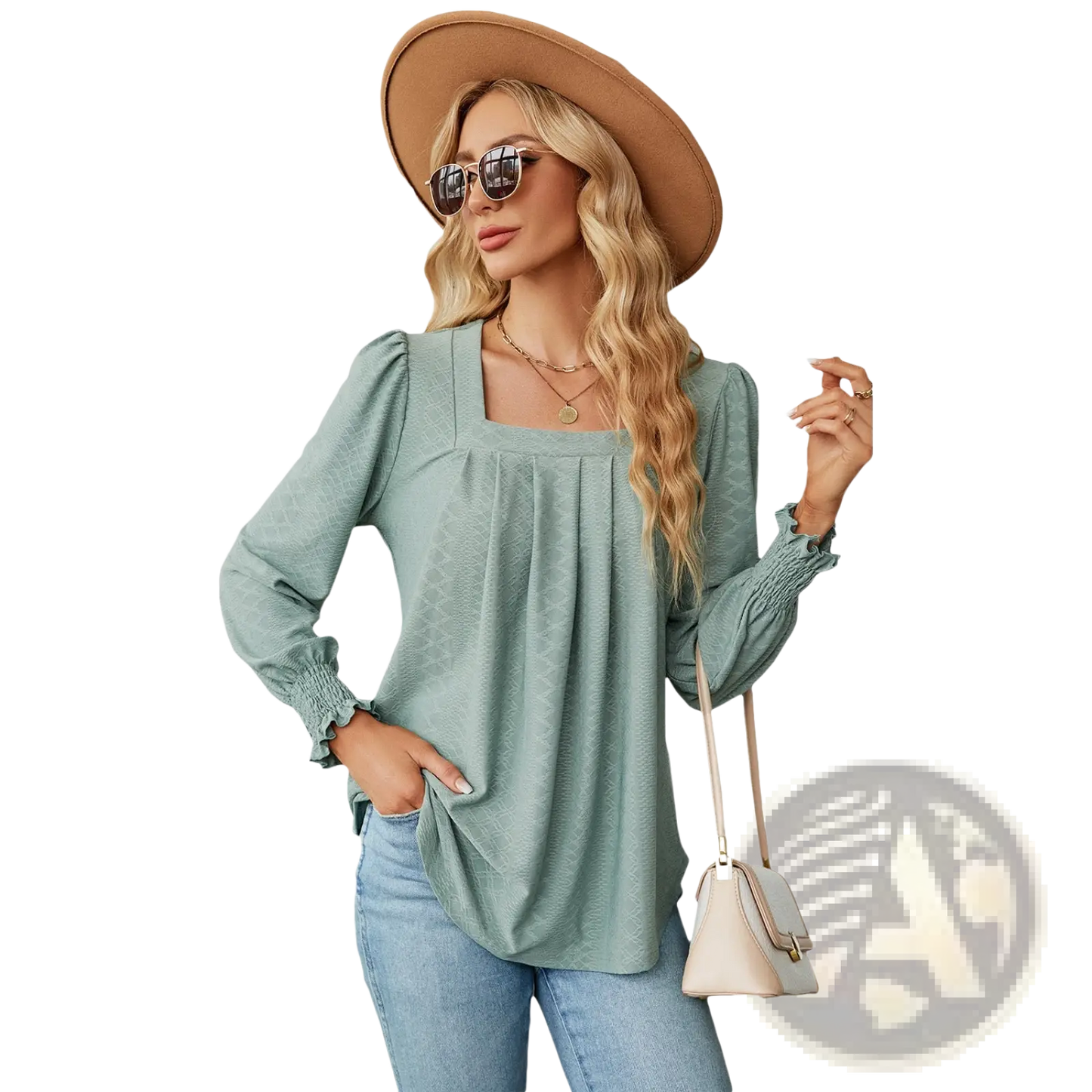 Women's Jacquard Square Neck Pleated Swallowtail Blouse