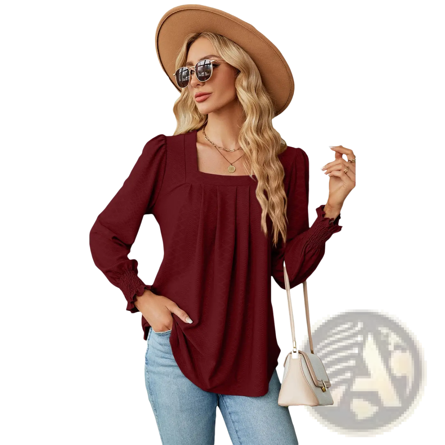 Women's Jacquard Square Neck Pleated Swallowtail Blouse