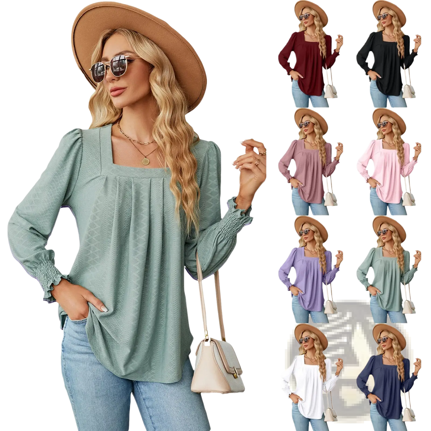 Women's Jacquard Square Neck Pleated Swallowtail Blouse