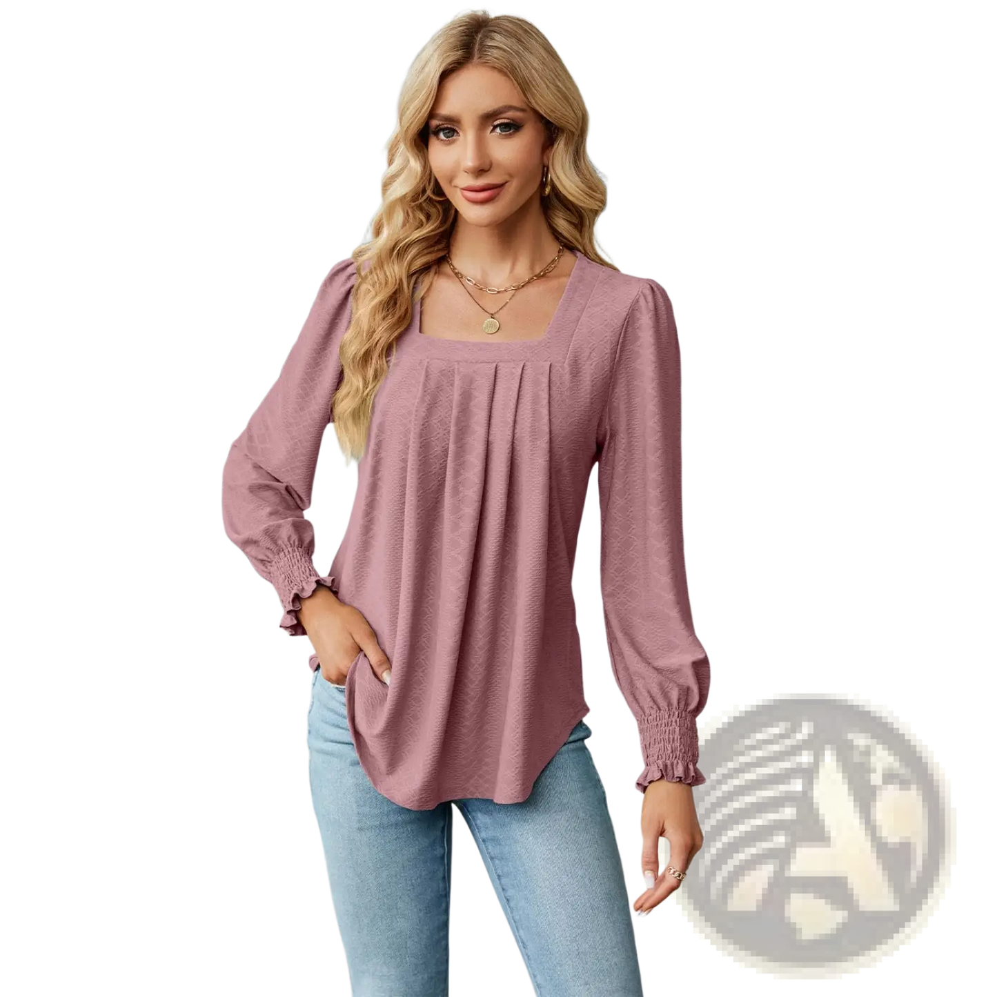 Women's Jacquard Square Neck Pleated Swallowtail Blouse