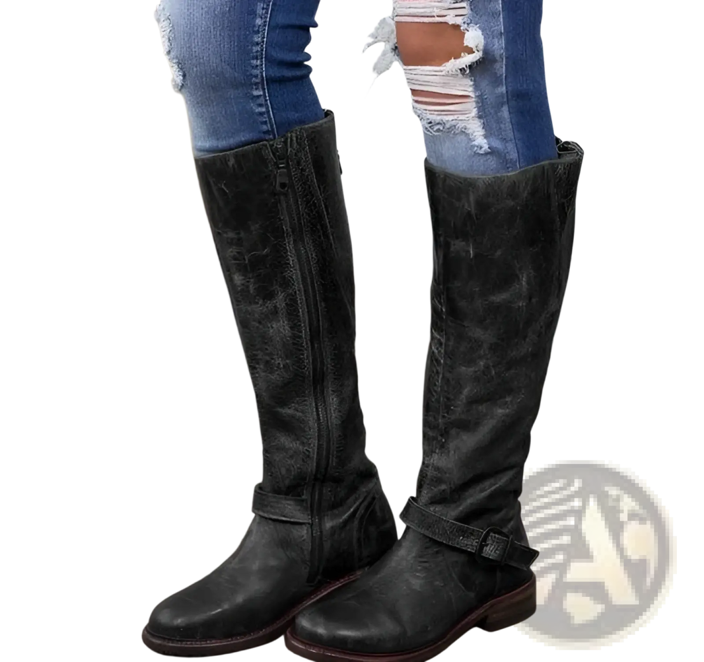 Women's Knee High Leather Knight Boots with Buckles
