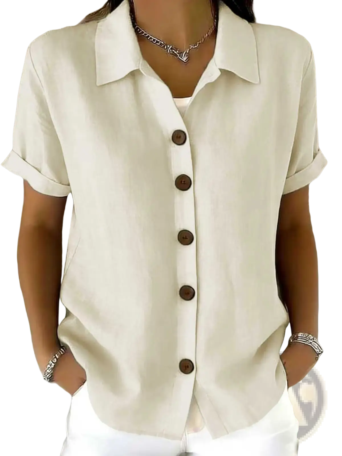 Women's Linen Blend Rolled Cuff Short Sleeve Shirt