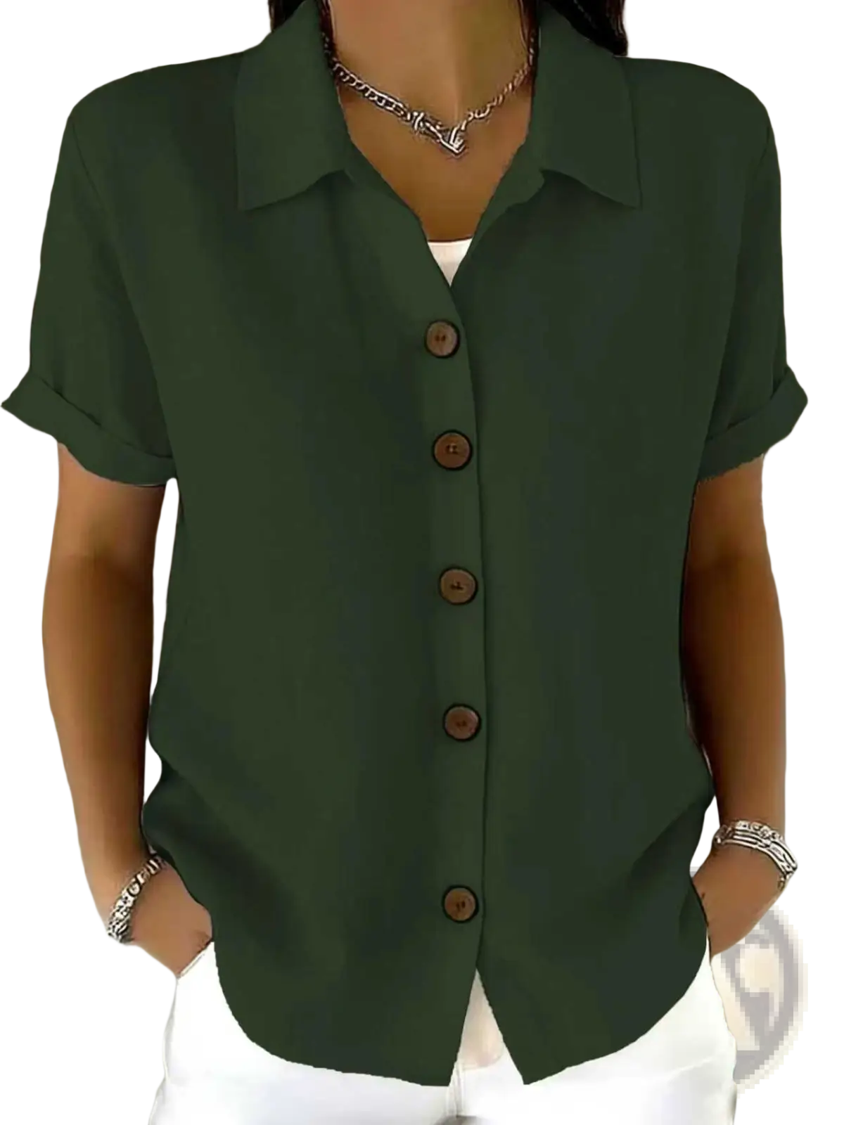 Women's Linen Blend Rolled Cuff Short Sleeve Shirt