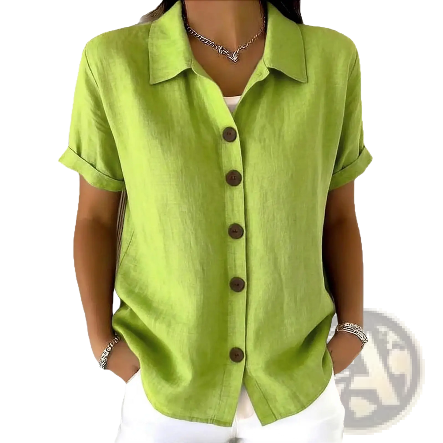 Women's Linen Blend Rolled Cuff Short Sleeve Shirt