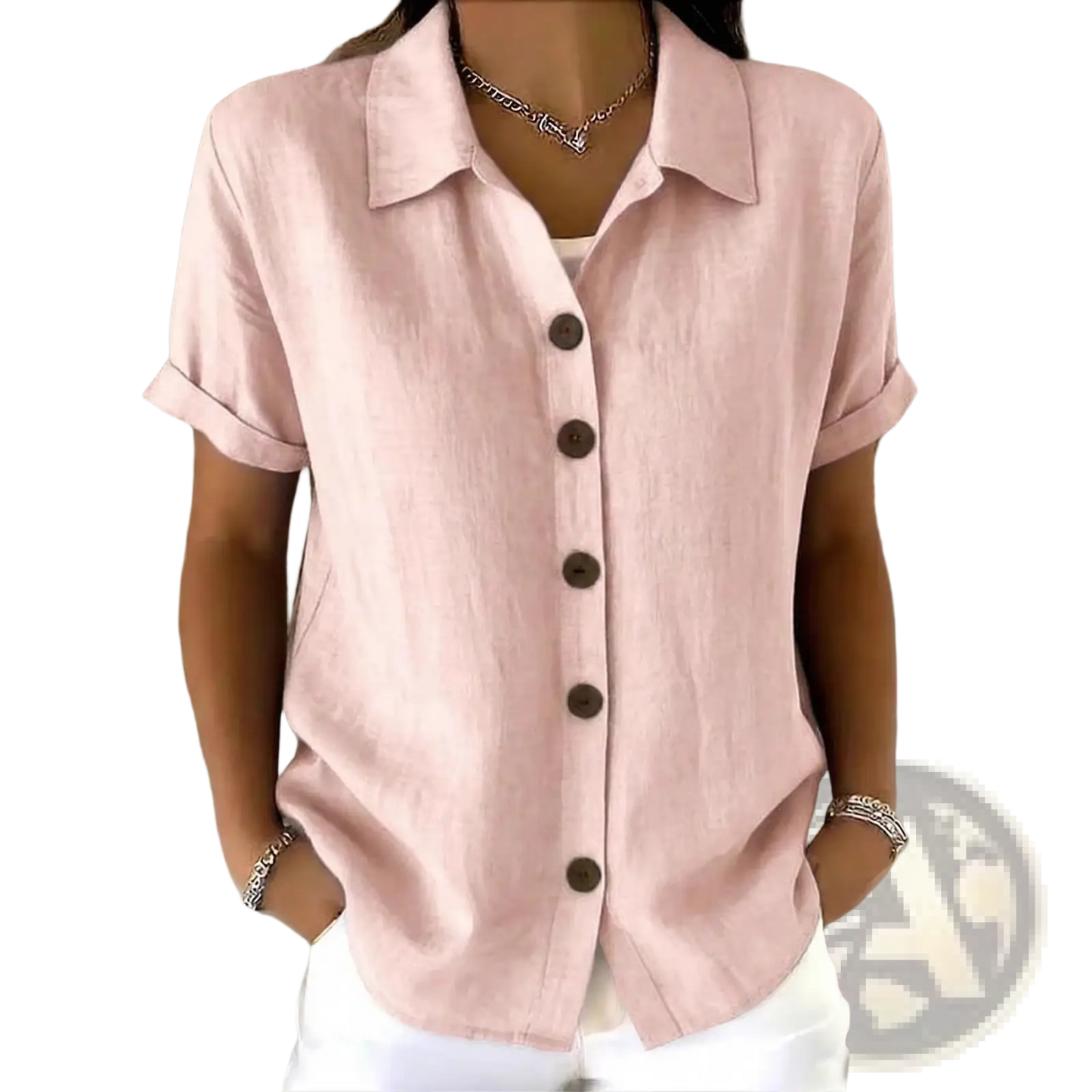 Women's Linen Blend Rolled Cuff Short Sleeve Shirt
