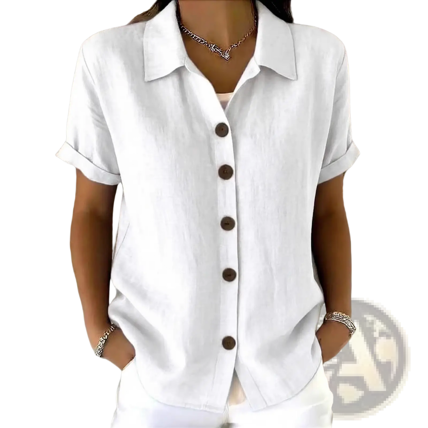 Women's Linen Blend Rolled Cuff Short Sleeve Shirt