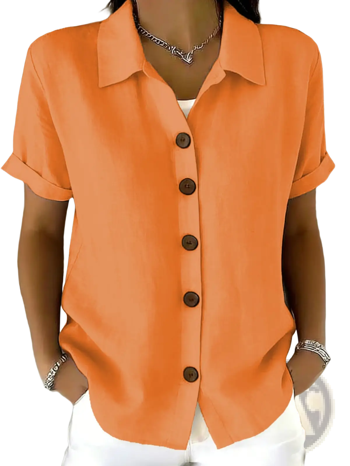 Women's Linen Blend Rolled Cuff Short Sleeve Shirt