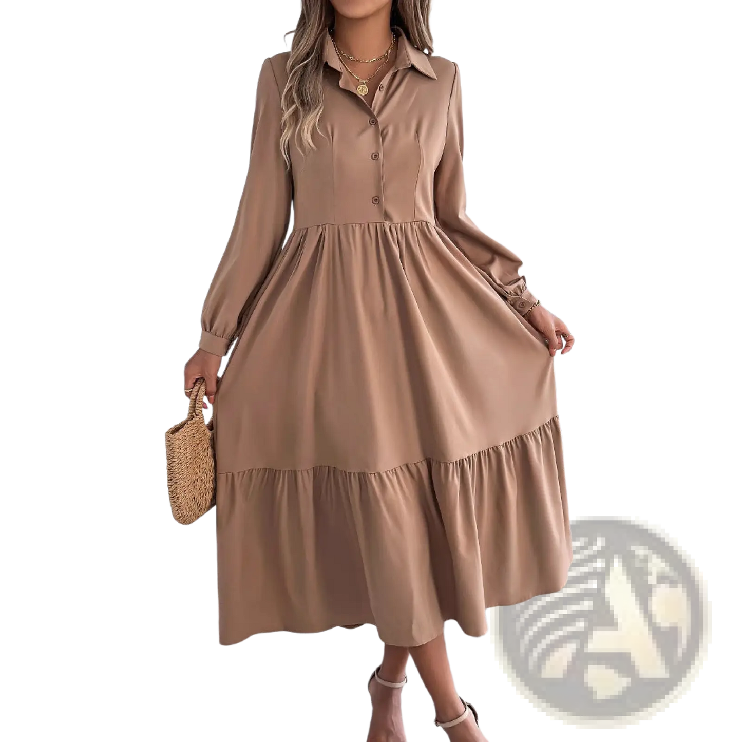 Women's Long Sleeve Tiered Button Down Midi Dress