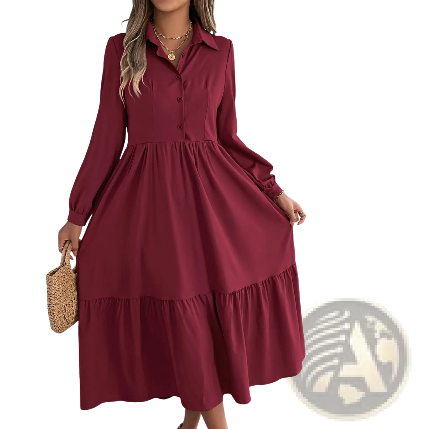 Women's Long Sleeve Tiered Button Down Midi Dress