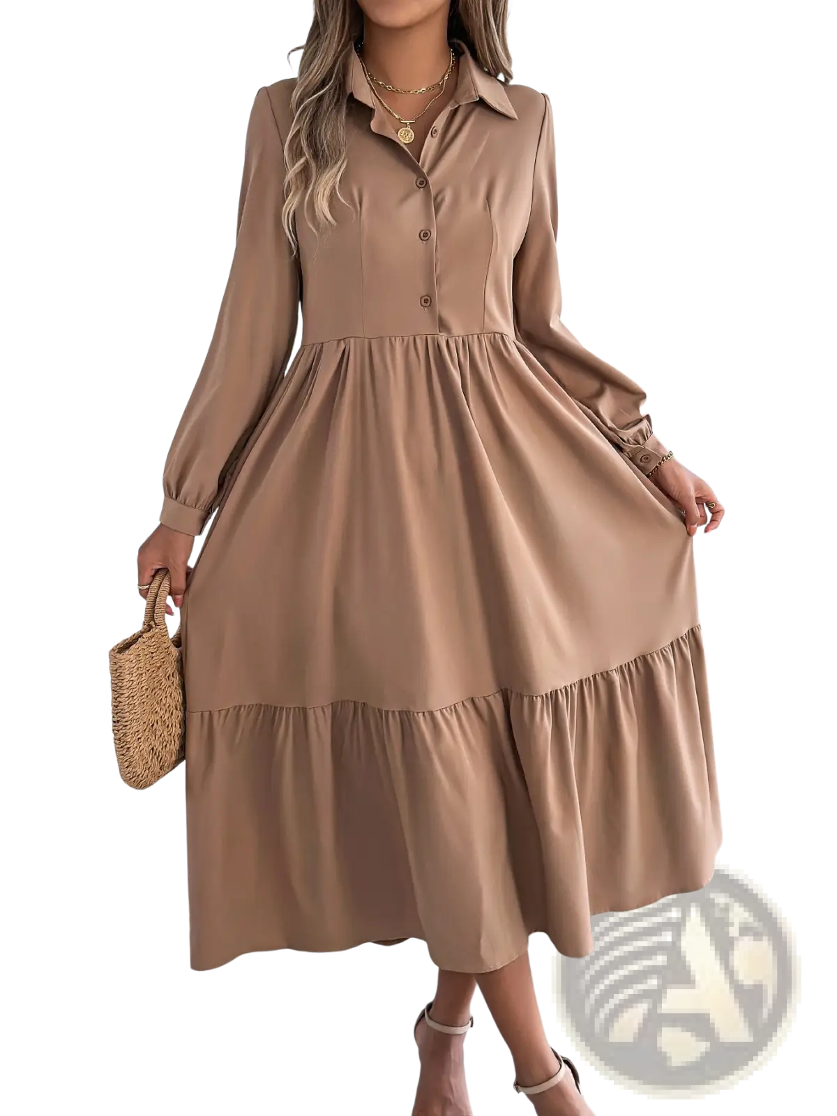 Women's Long Sleeve Tiered Button Down Midi Dress