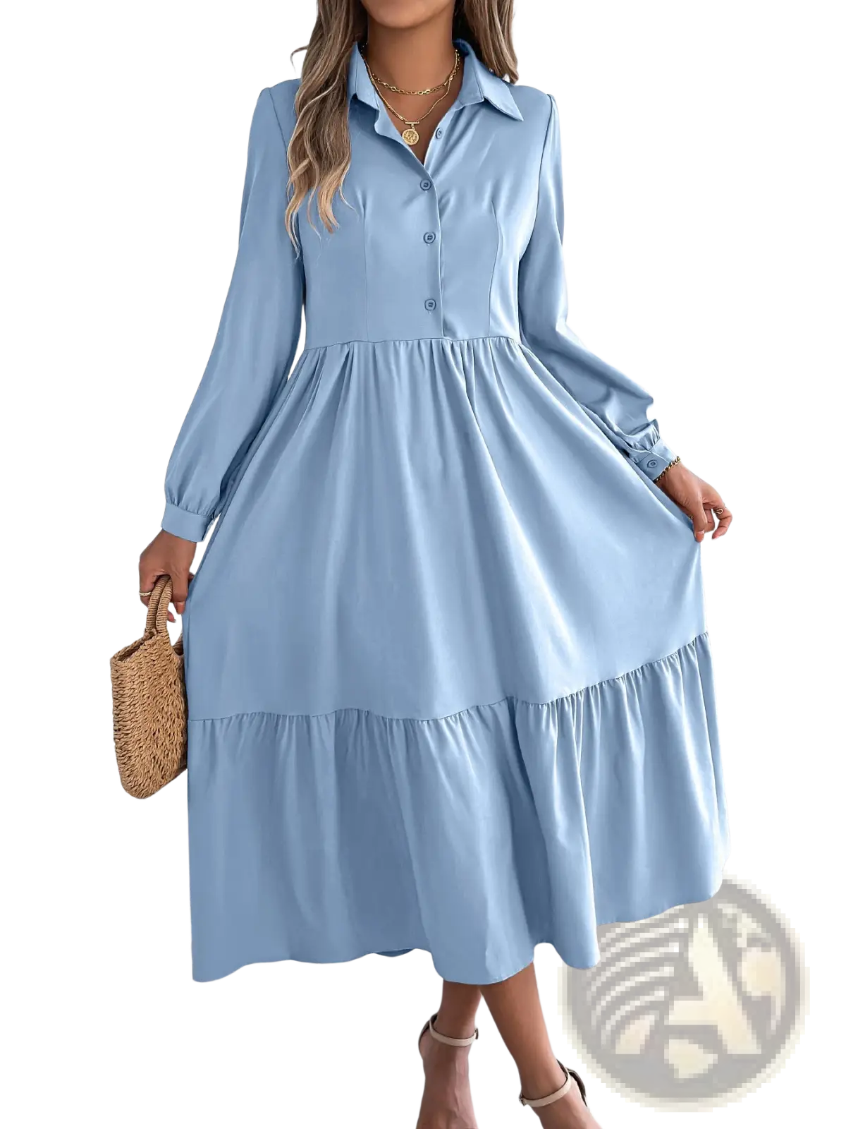 Women's Long Sleeve Tiered Button Down Midi Dress