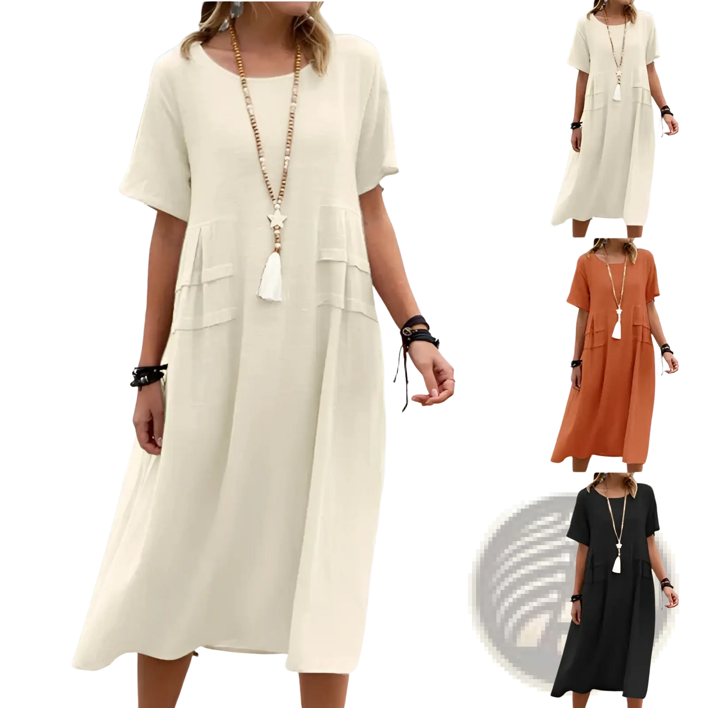 Women's Loose Linen Short Sleeve Midi Beach Dress