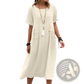 Women's Loose Linen Short Sleeve Midi Beach Dress