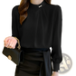 Women's Loose Satin Blouse with Pearl Button Accents