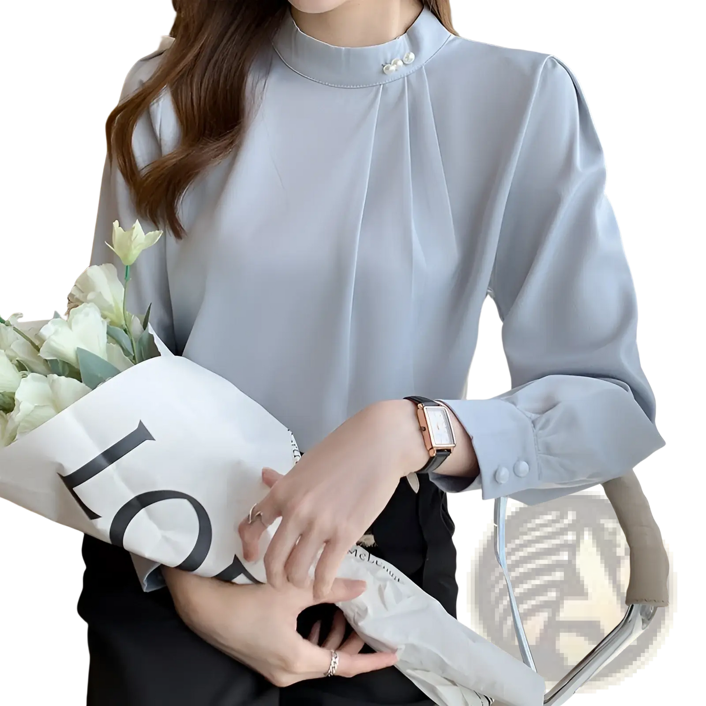 Women's Loose Satin Blouse with Pearl Button Accents