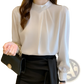 Women's Loose Satin Blouse with Pearl Button Accents