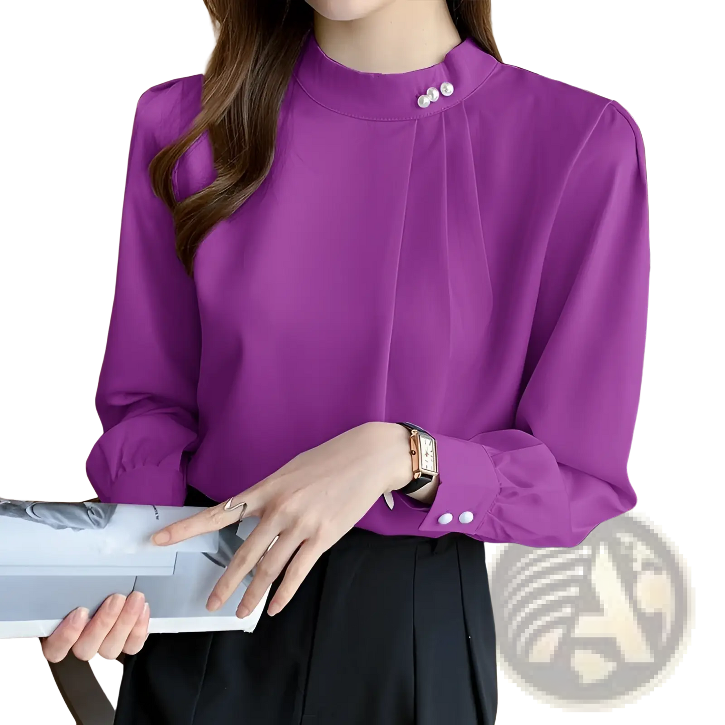Women's Loose Satin Blouse with Pearl Button Accents