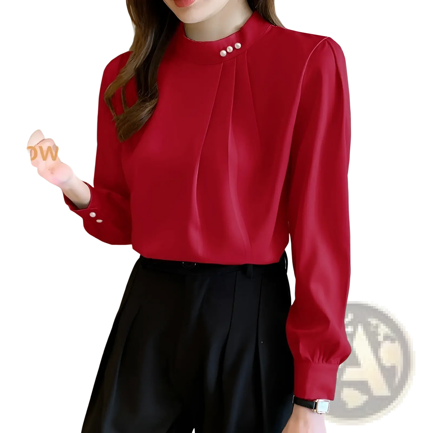Women's Loose Satin Blouse with Pearl Button Accents