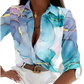 Women's Marble Print Satin Long Sleeve Button Blouse