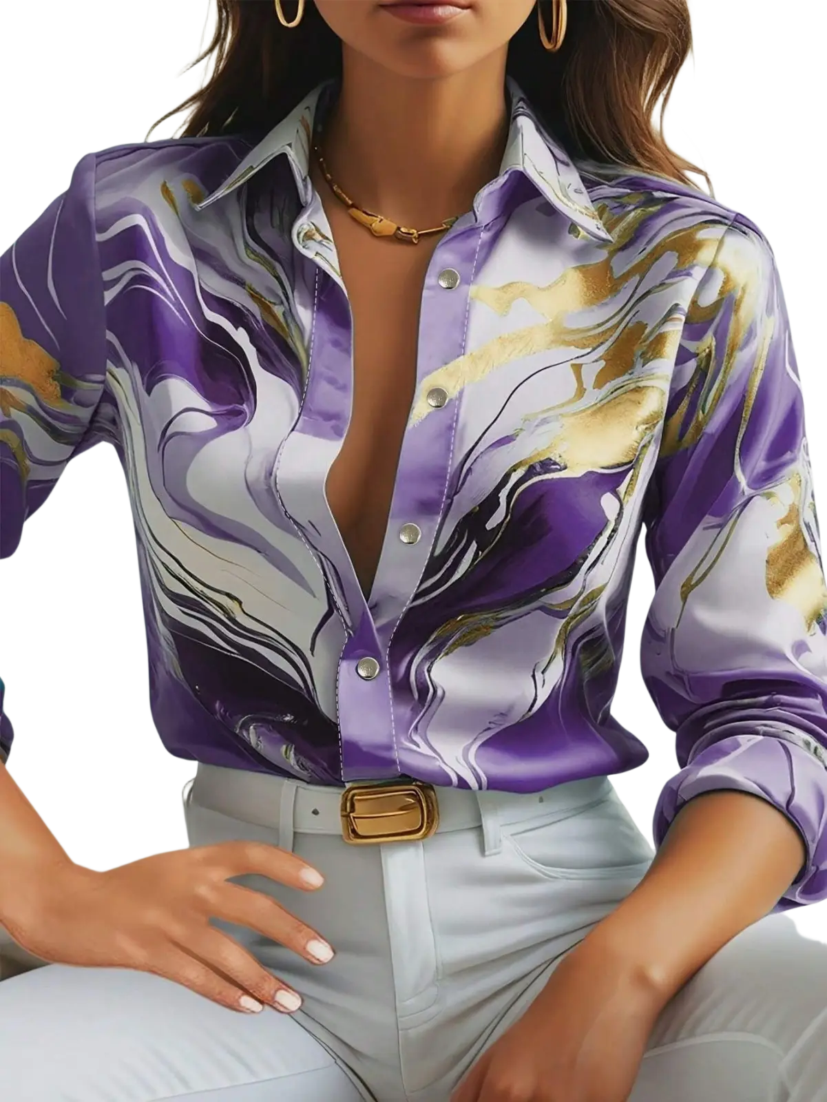 Women's Marble Print Satin Long Sleeve Button Blouse