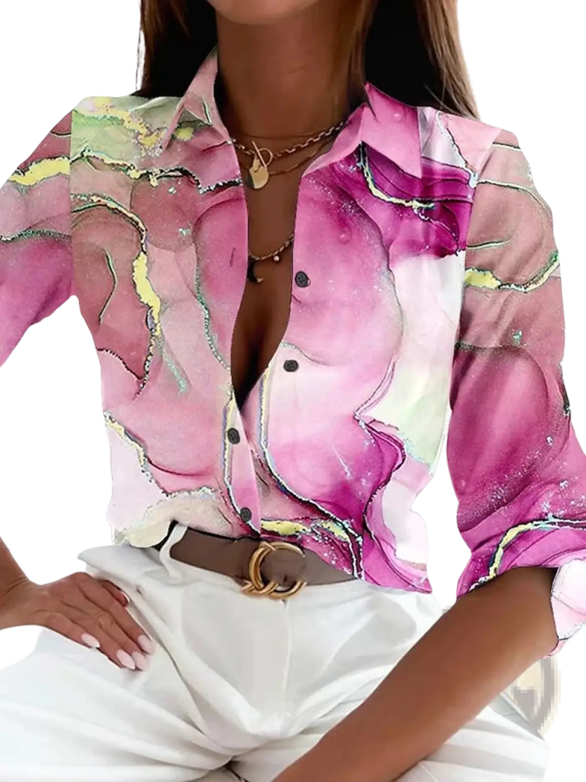 Women's Marble Print Satin Long Sleeve Button Blouse