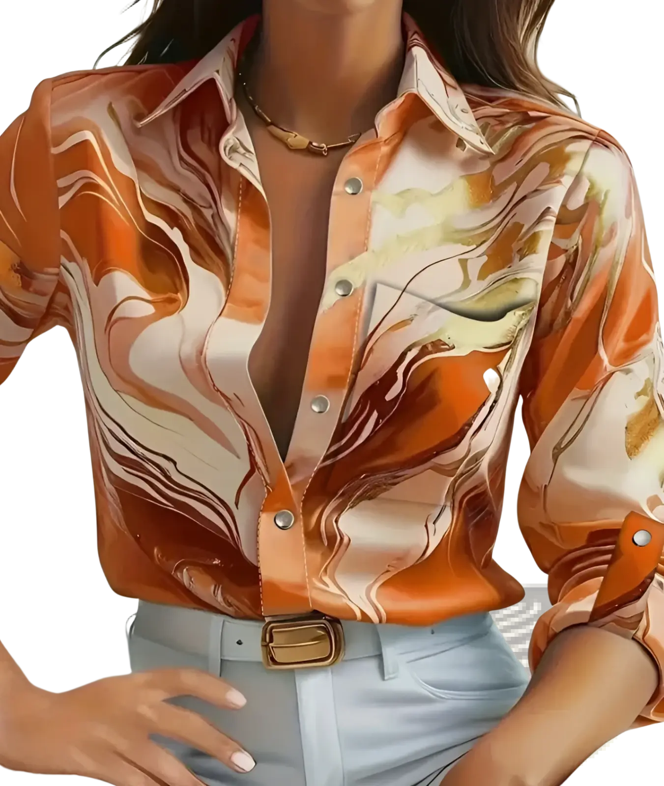 Women's Marble Print Satin Long Sleeve Button Blouse