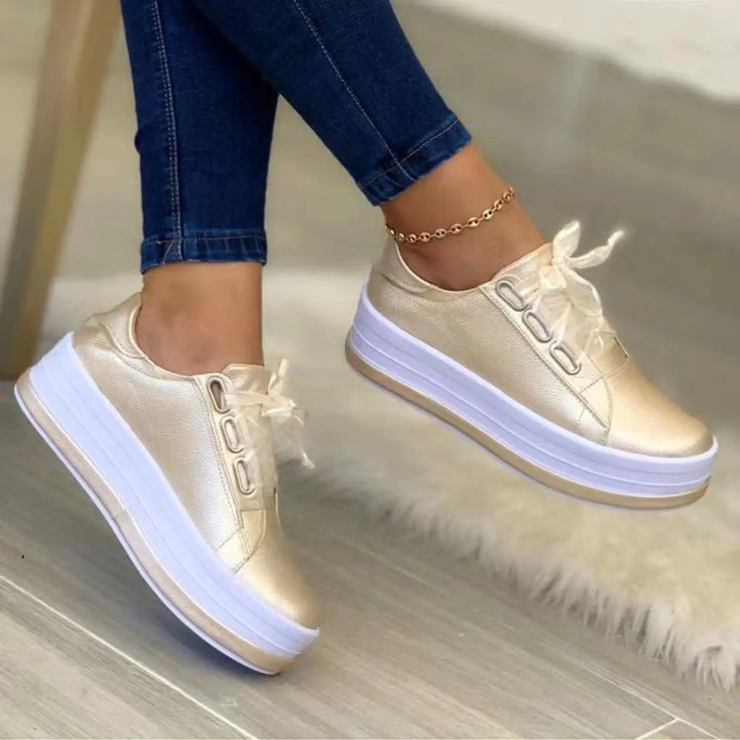 Women's Metallic Lace Up Platform Round Toe Casual Shoes