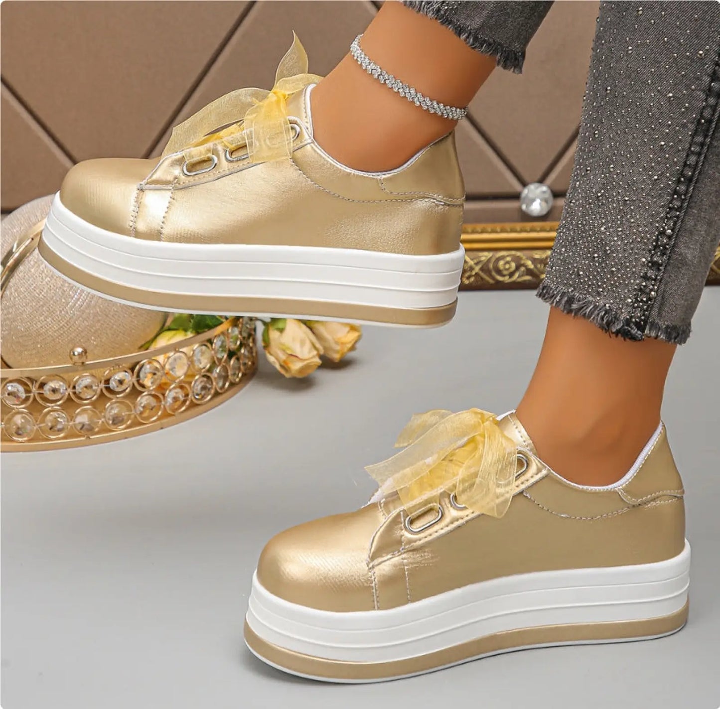 Women's Metallic Lace Up Platform Round Toe Casual Shoes