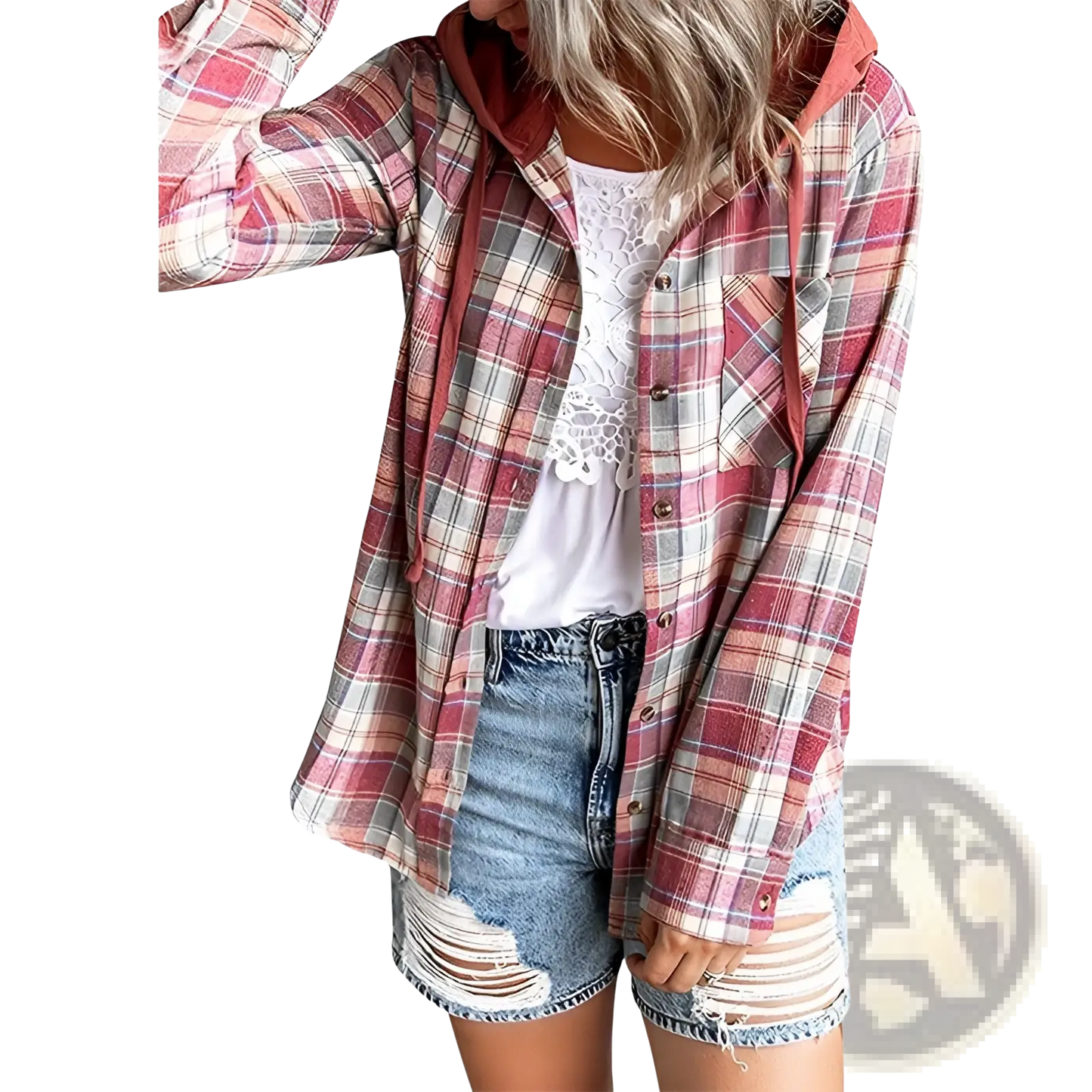 Women's Plaid Long Sleeve Hooded Button Up Shirt