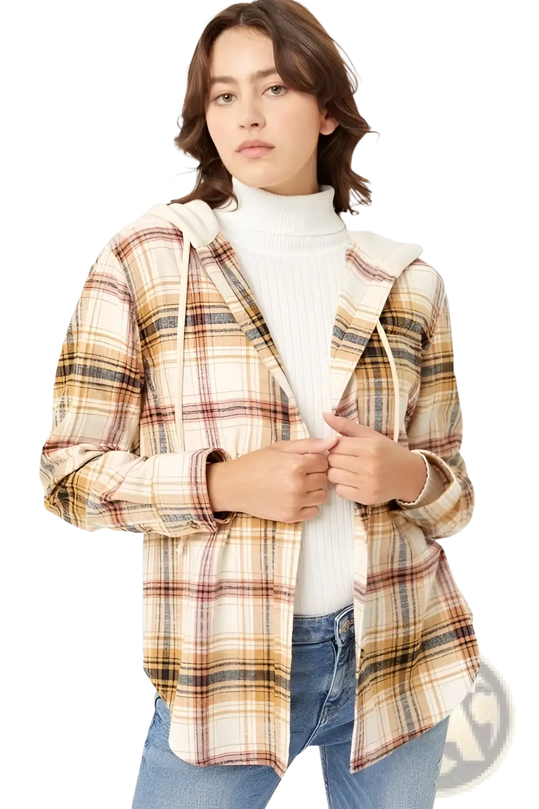 Women's Plaid Long Sleeve Hooded Button Up Shirt