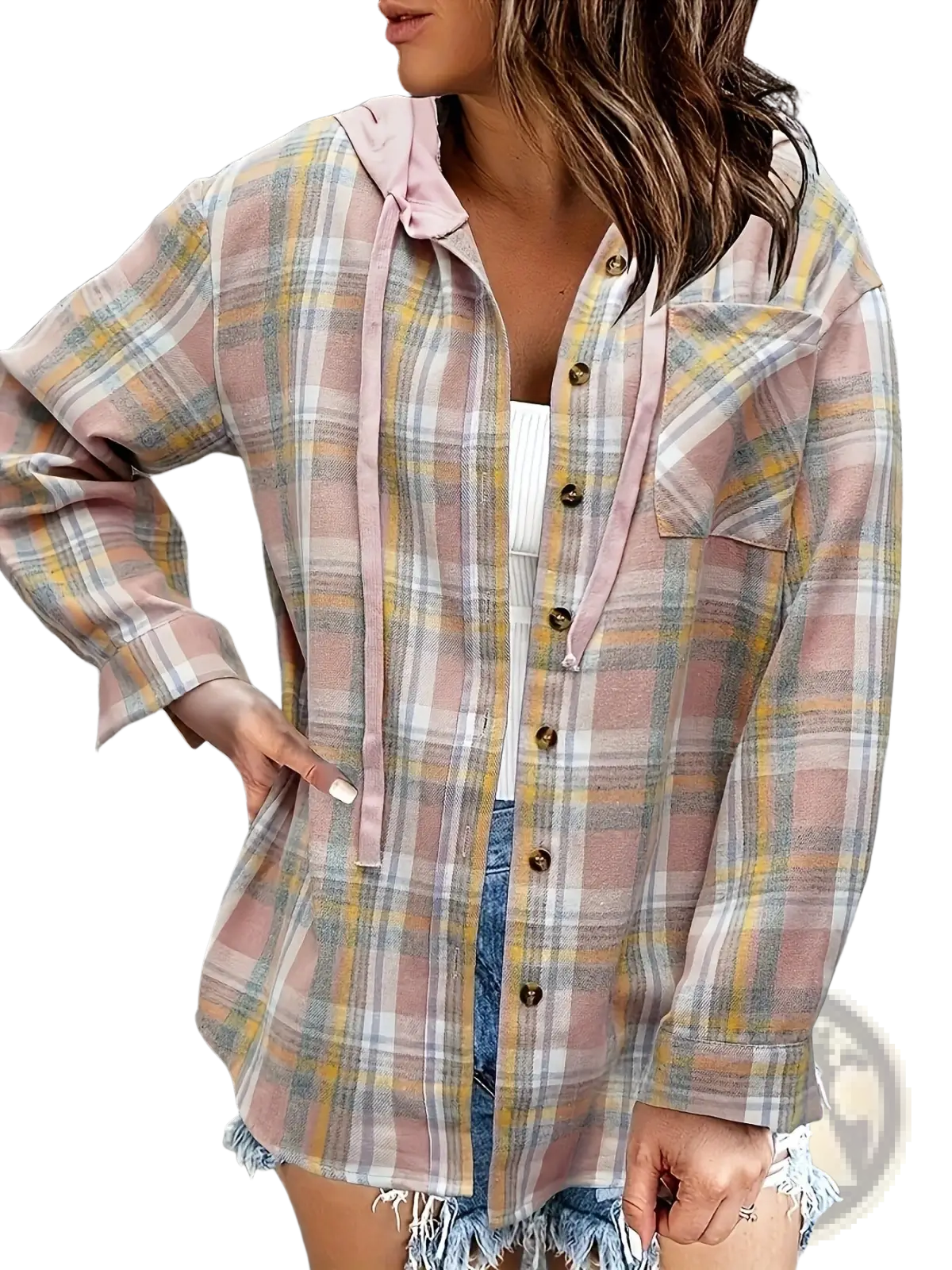 Women's Plaid Long Sleeve Hooded Button Up Shirt