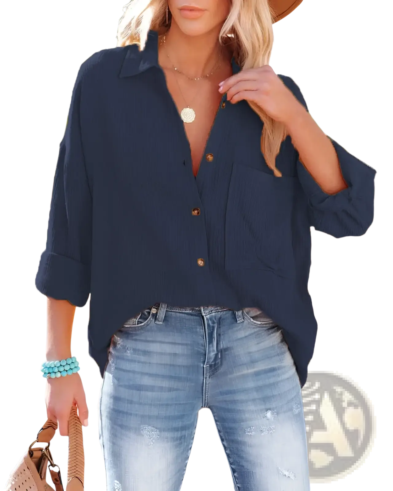 Women's Relaxed Fit Dropped Shoulder Button Up Shirt