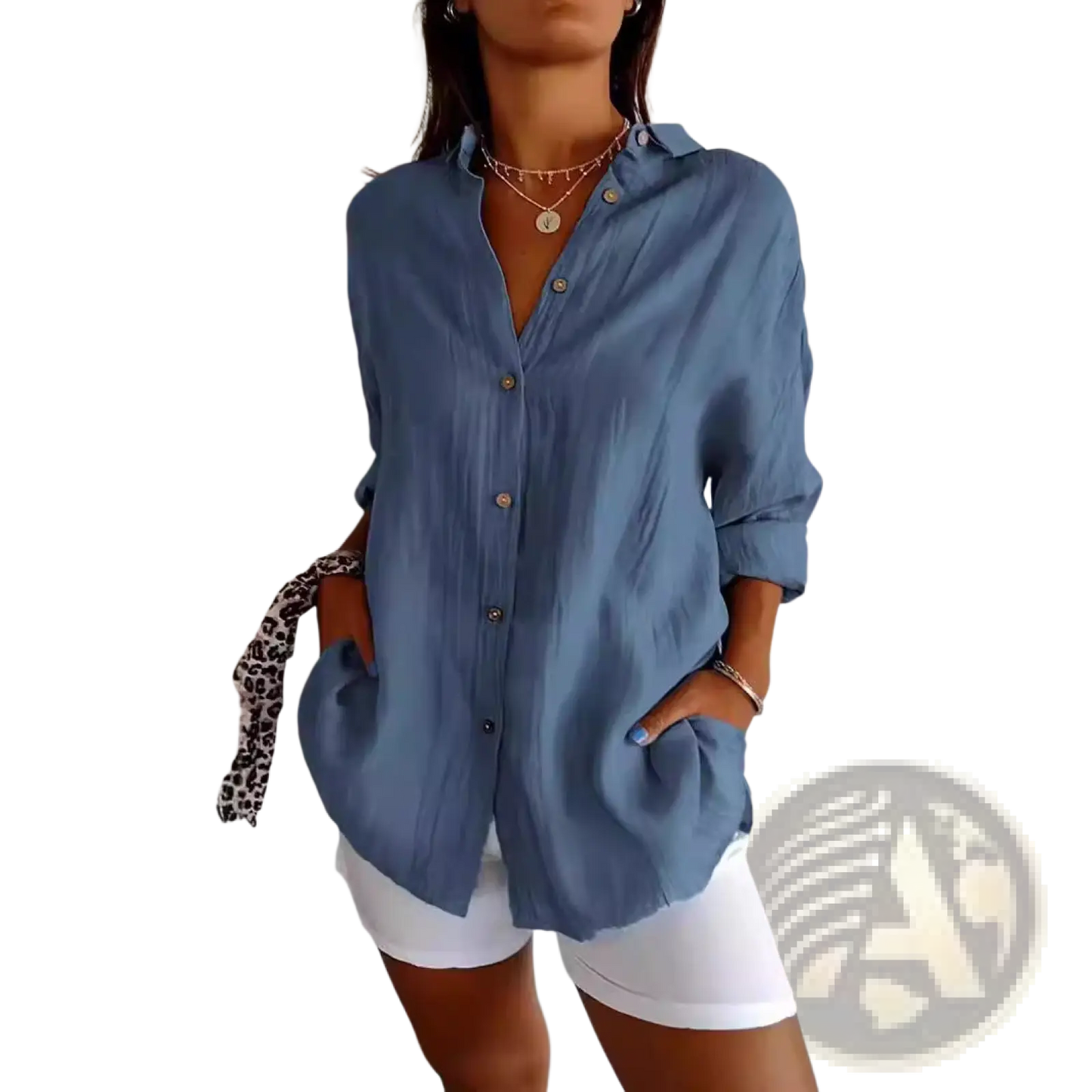 Women's Relaxed Pleated Button Up Shirt with Rolled Sleeves