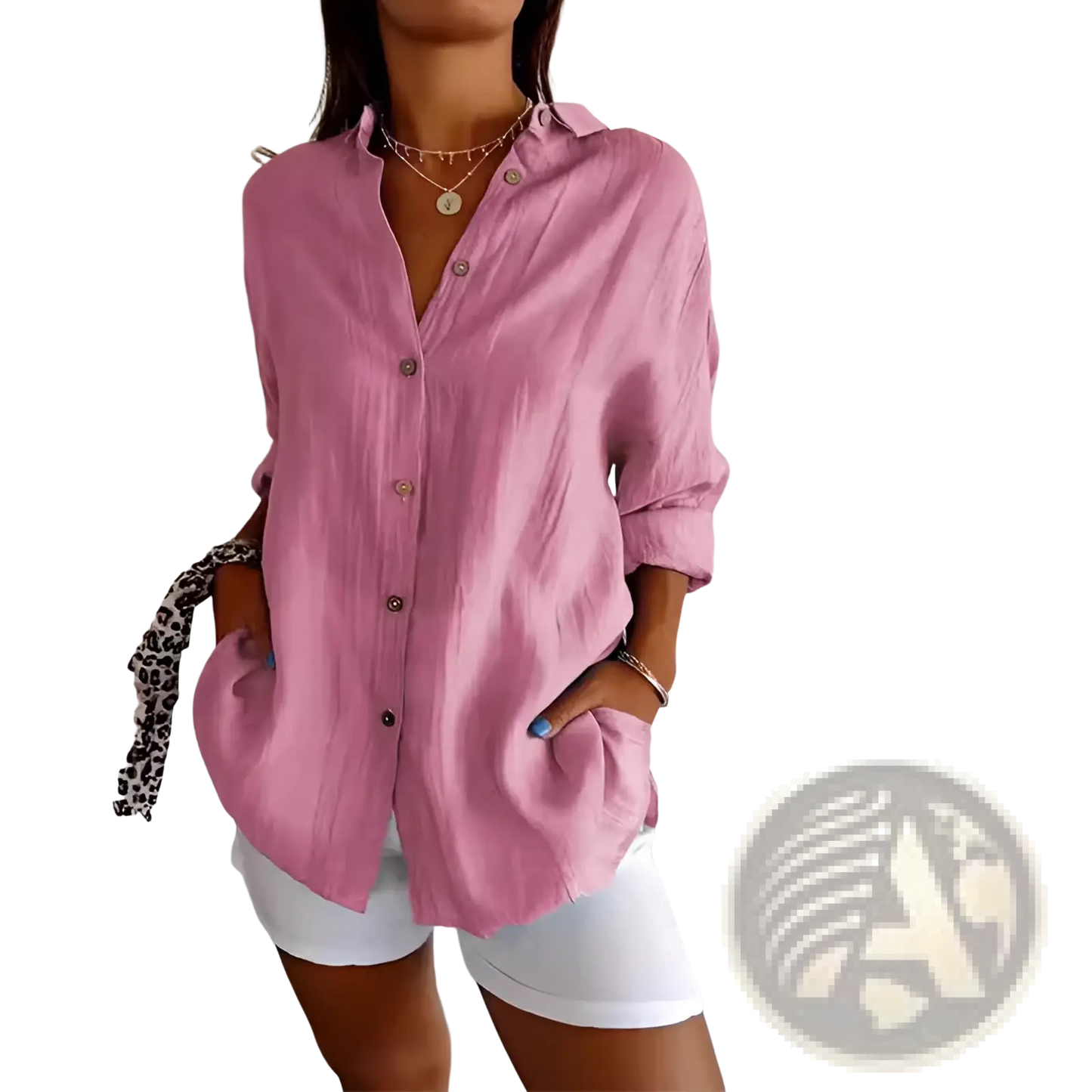 Women's Relaxed Pleated Button Up Shirt with Rolled Sleeves