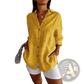 Women's Relaxed Pleated Button Up Shirt with Rolled Sleeves