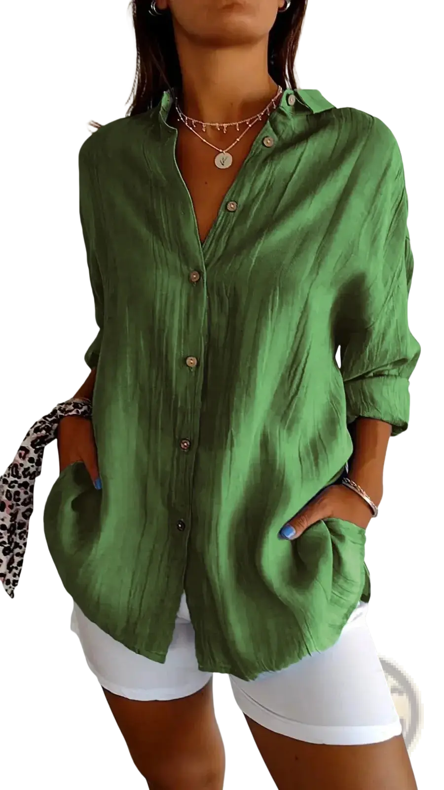 Women's Relaxed Pleated Button Up Shirt with Rolled Sleeves