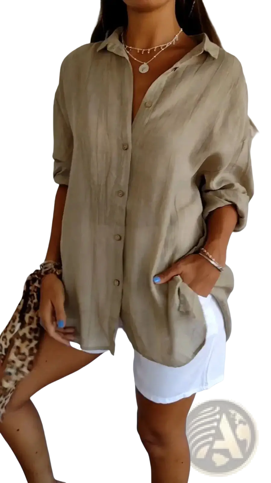 Women's Relaxed Pleated Button Up Shirt with Rolled Sleeves