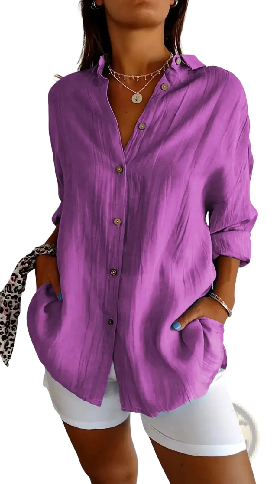Women's Relaxed Pleated Button Up Shirt with Rolled Sleeves