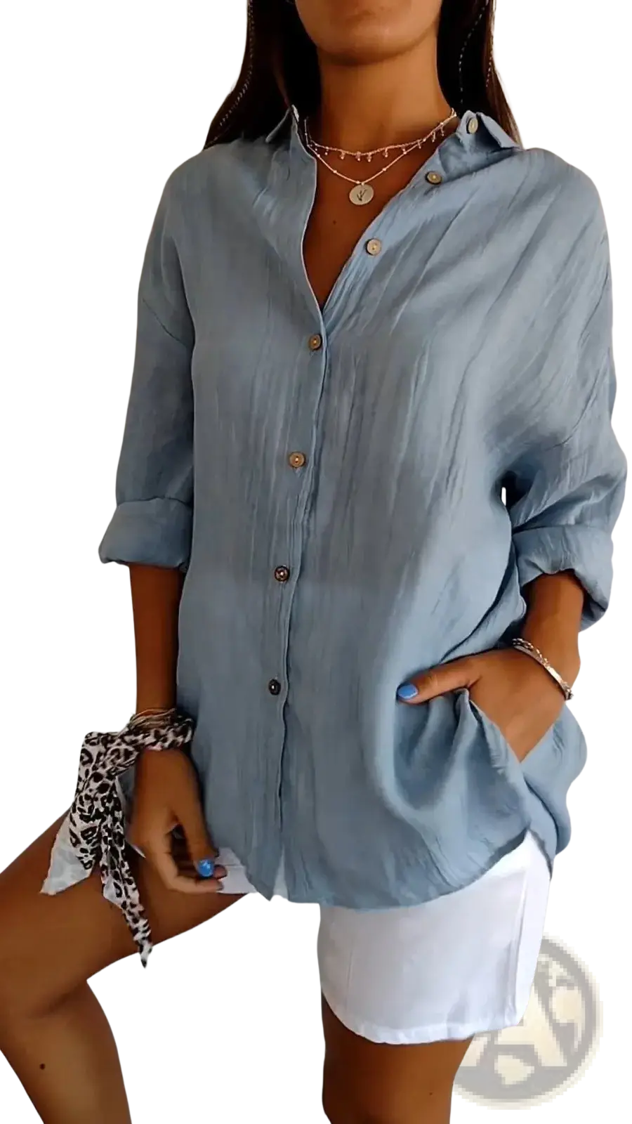 Women's Relaxed Pleated Button Up Shirt with Rolled Sleeves