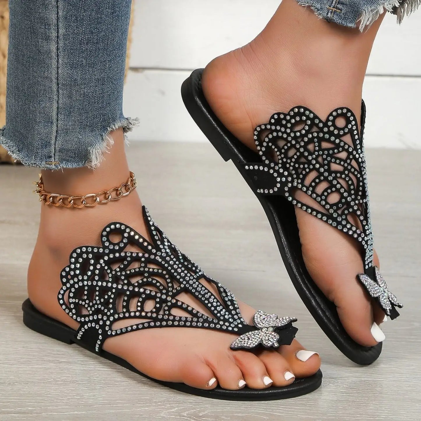 Women's Rhinestone Hollow Flat Slip on Sandals
