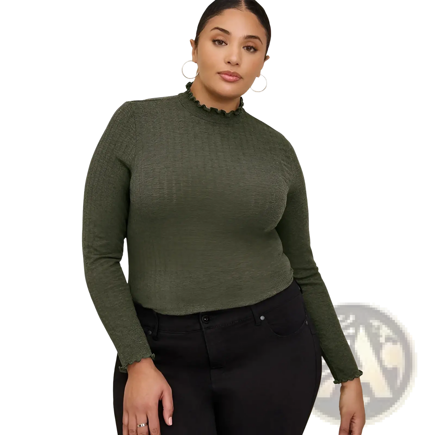 Women's Ruffled Ribbed Knit Slim Fit Mock Neck Top