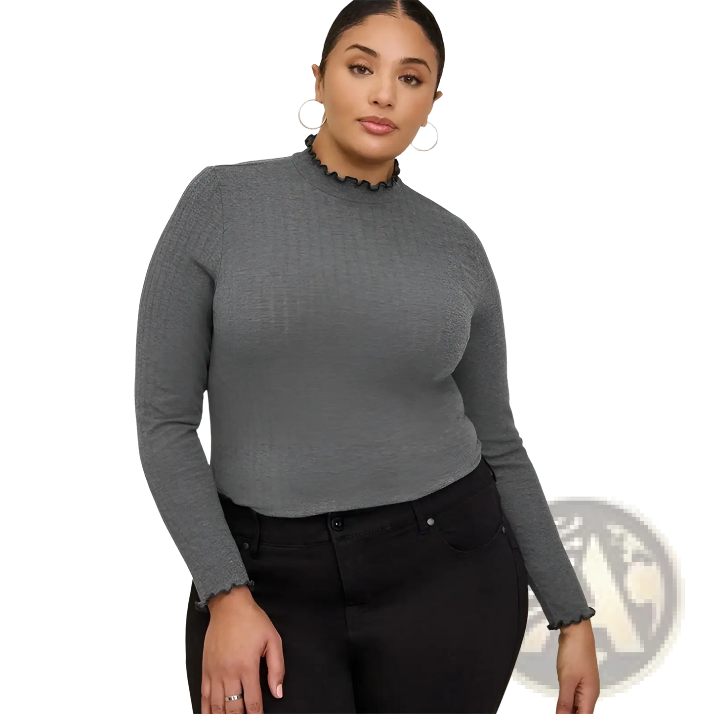 Women's Ruffled Ribbed Knit Slim Fit Mock Neck Top