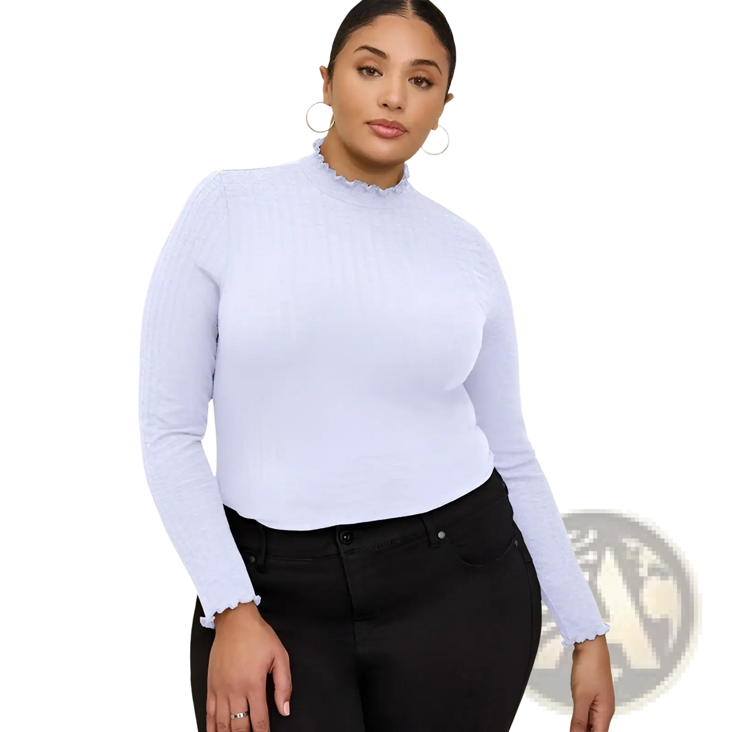 Women's Ruffled Ribbed Knit Slim Fit Mock Neck Top