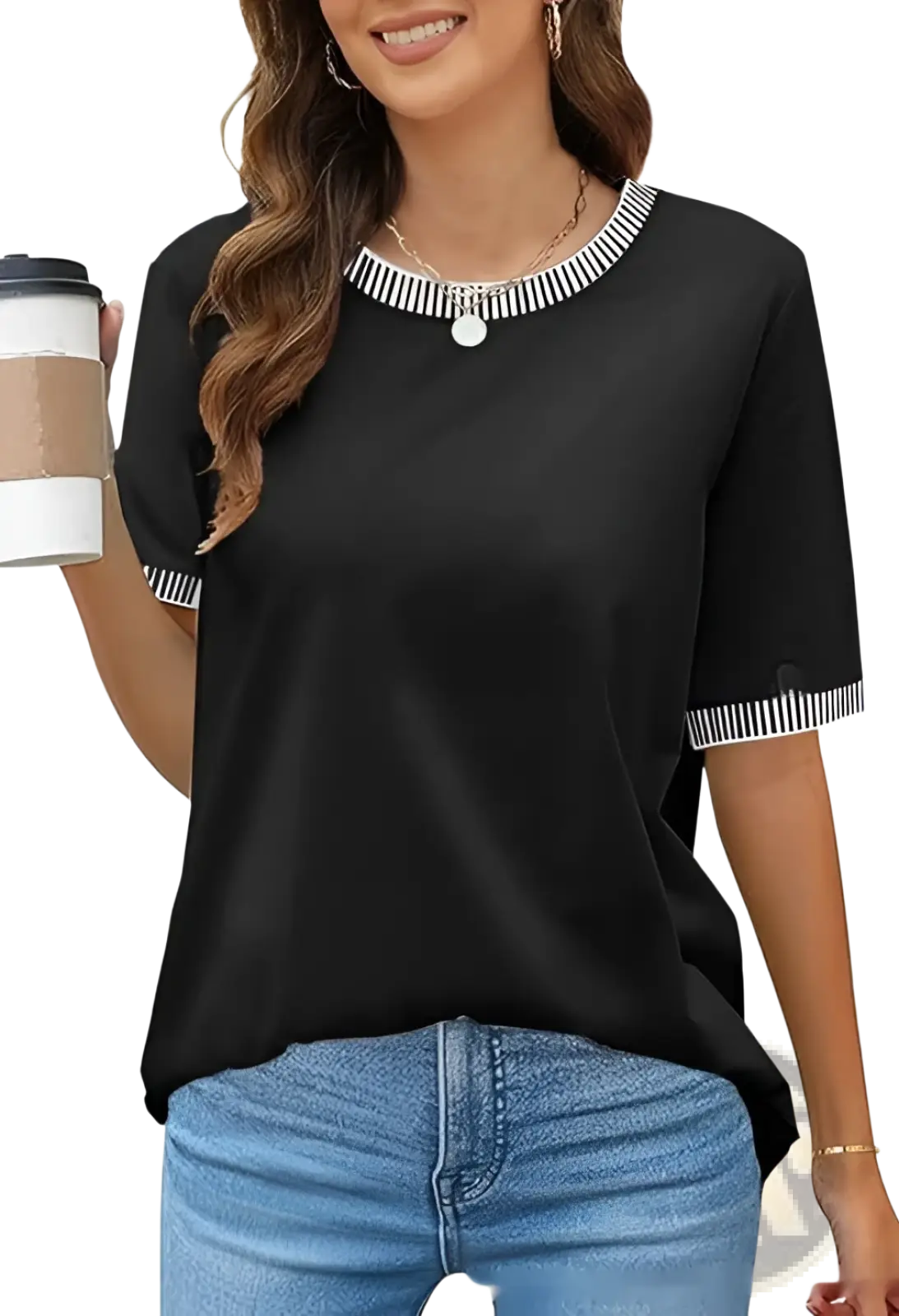 Women's Striped Ruffle Trim Short Sleeve Knit Top