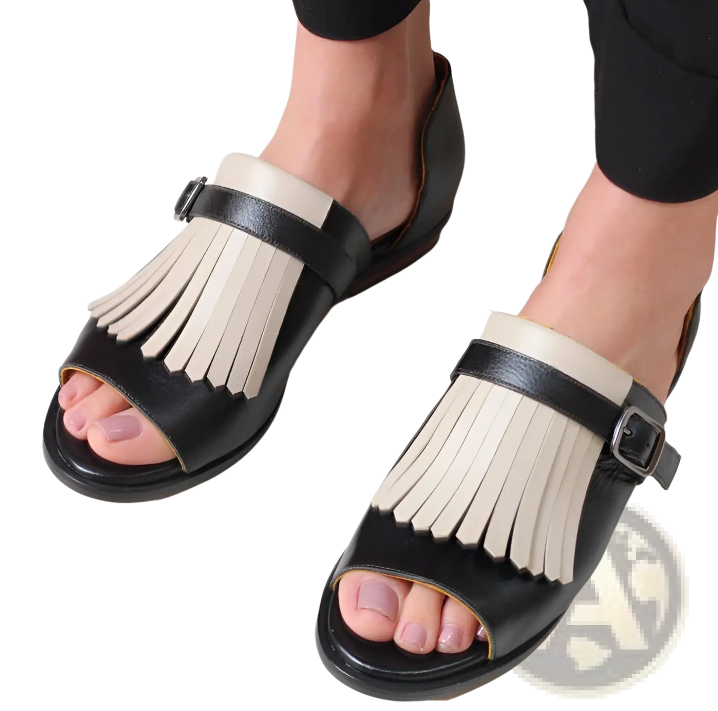 Women's Tassel Leather Beach Sandals in Black and Cream