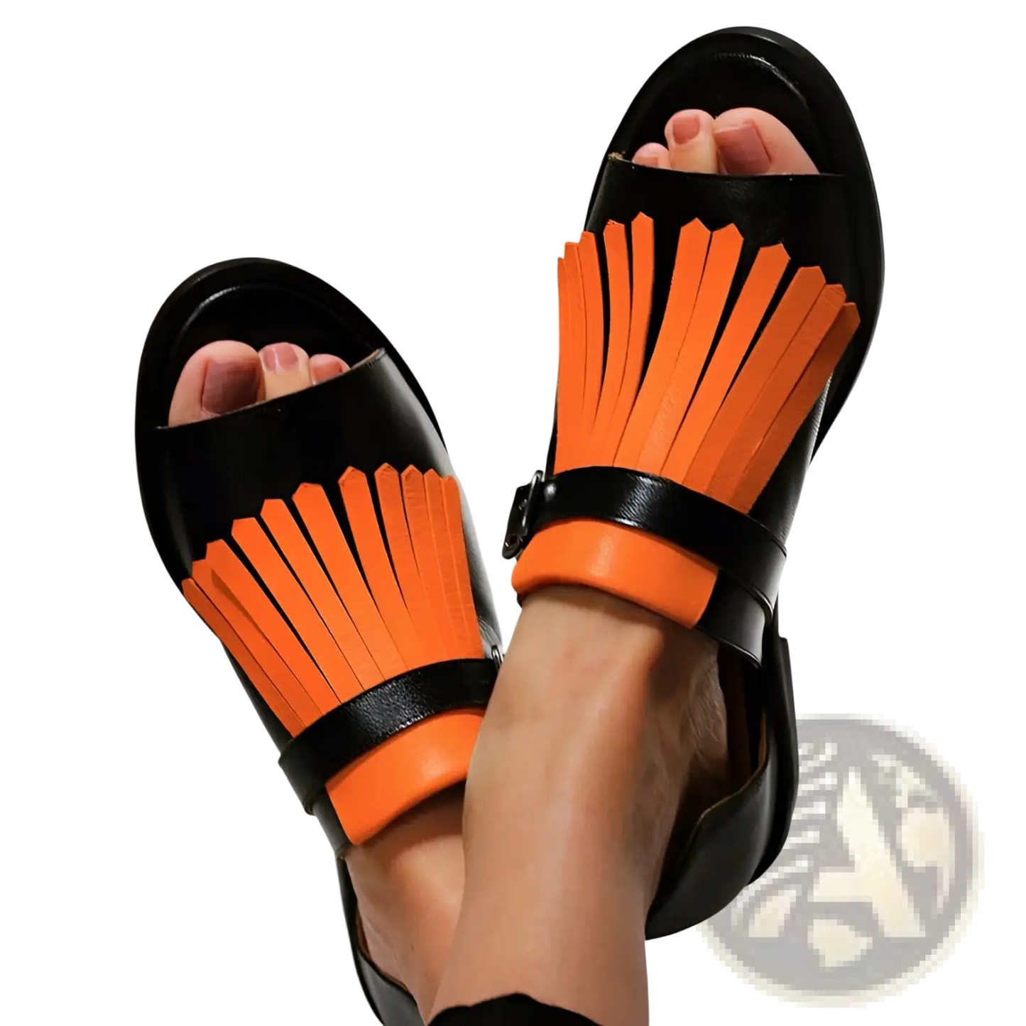 Women's Tassel Leather Beach Sandals in Black and Cream