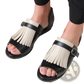 Women's Tassel Leather Beach Sandals in Black and Cream
